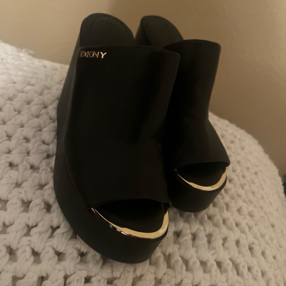 DKNY Black and Gold Mules with Metallic Accents